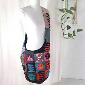 Peace Sign Boho Colorful Patchwork Slouchy Large Cotton Crossbody Bag